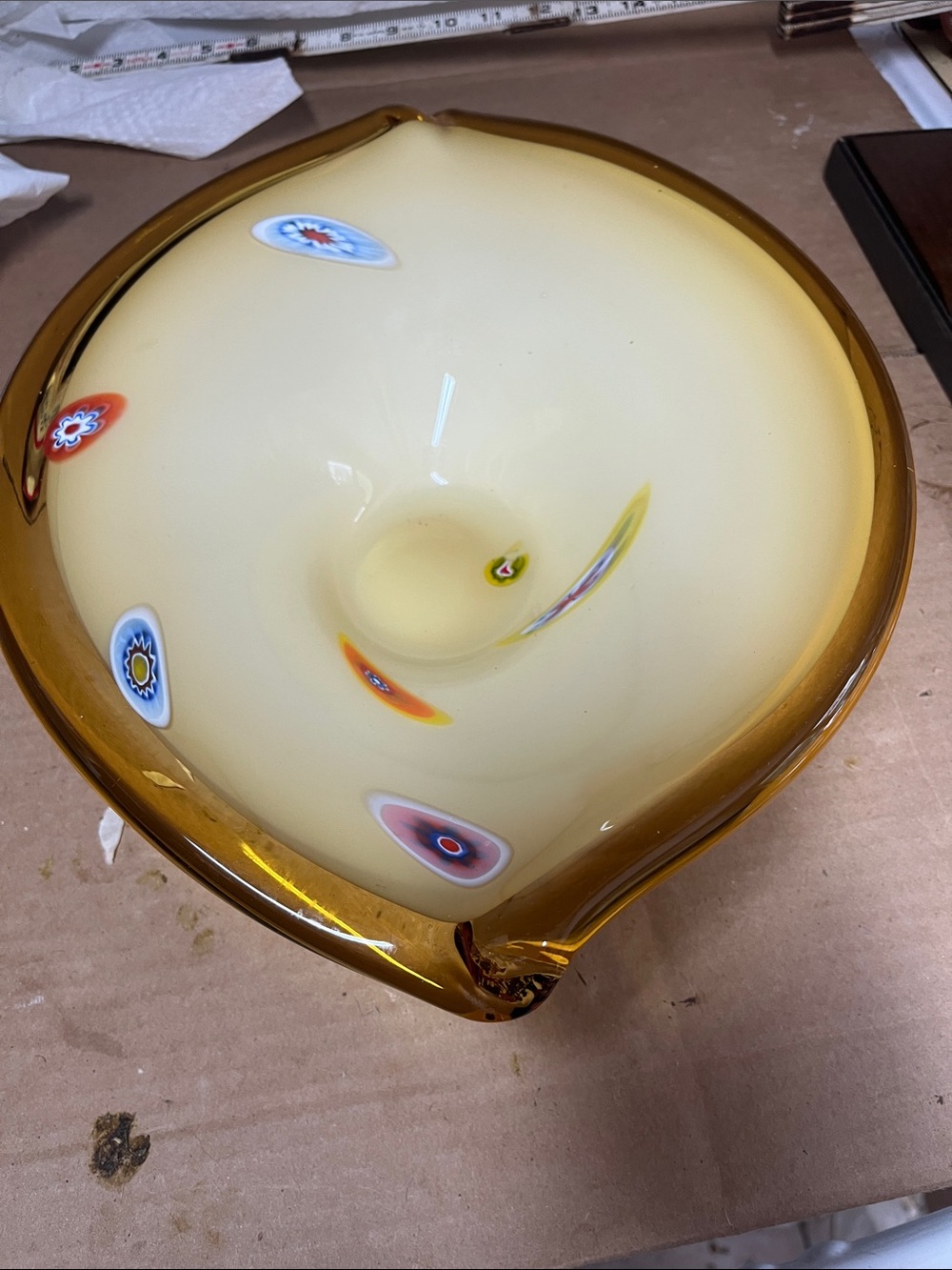 Handblown Art Glass Decorative Bowl in Cream and Amber Circa 1970 13 1/2 inch